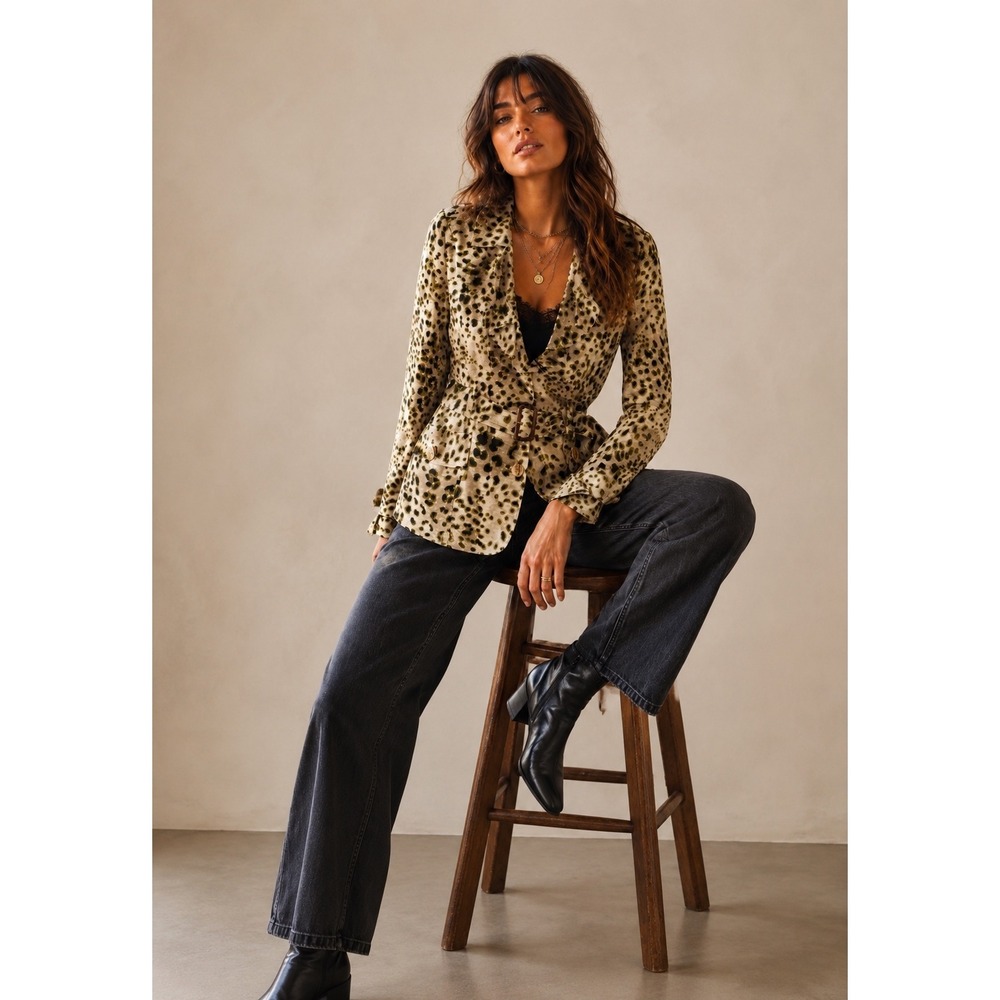 Fenn Wright Manson Silk Leopard Print Belted Ruffle Jacket Womens Medium Tan